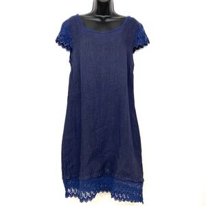 Martina Innocenti 100% Linen Midi Shift Dress Size M Navy Made in Italy Lace